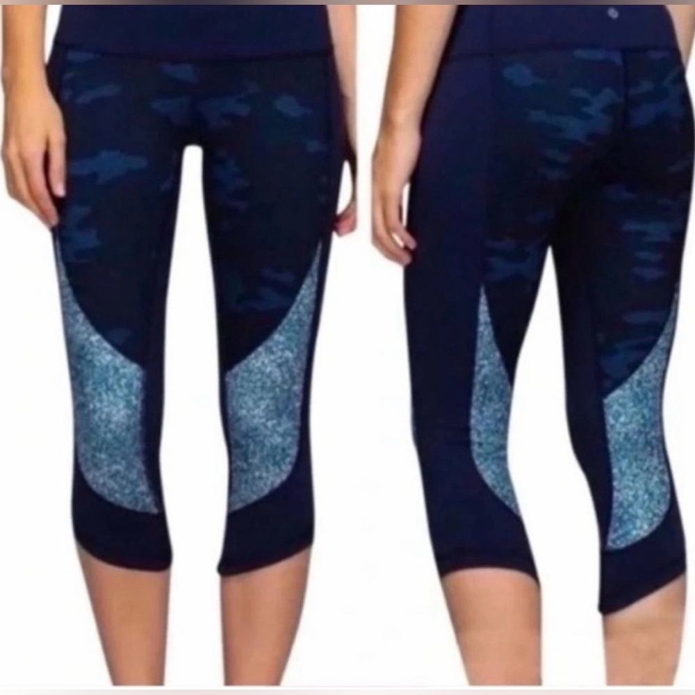 Lululemon Cropped Leggings Black Camo Reflective Panel Size 4